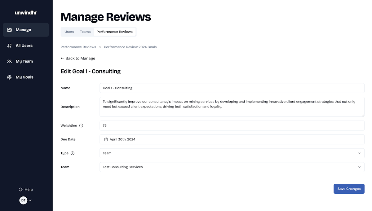 A screenshot of the UnwindHR dashboard (admin view) on the Manage goals tab. It displays a table of the company's goals, with columns for name, description, and status.